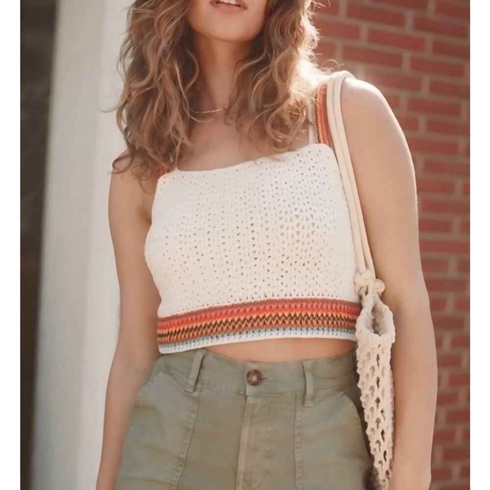 Marine Layer Caro Crochet Crop Tank Top XS Ivory Striped Boho Summer Knit 15138
